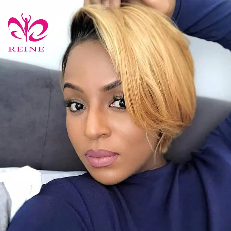 Customized Style Pixie Cut Ombre T1B/30 Color Short Bob Wigs Lace Front Wigs Wavy Hair Human Hair Wigs Brazilian Hair Swiss Lace