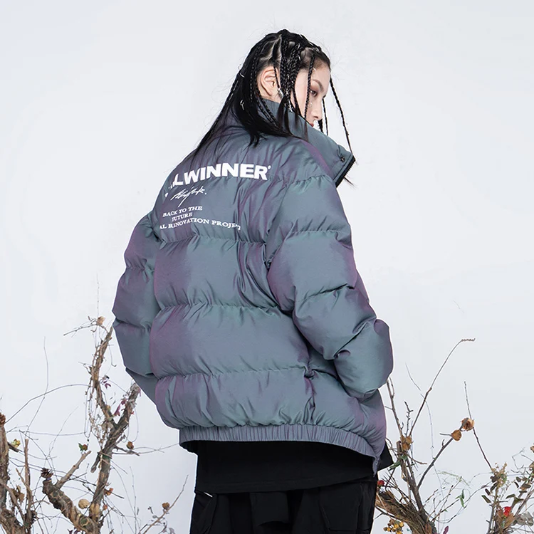 Killwinner lightweight polyester couple coat factory custom print oversized windproof laser padded jackets men for winter