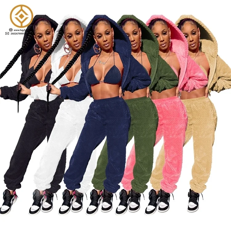 High quality women winter clothes plush Bra jacket high waist pants jogger sweatsuit sweatpants women sweat suit set