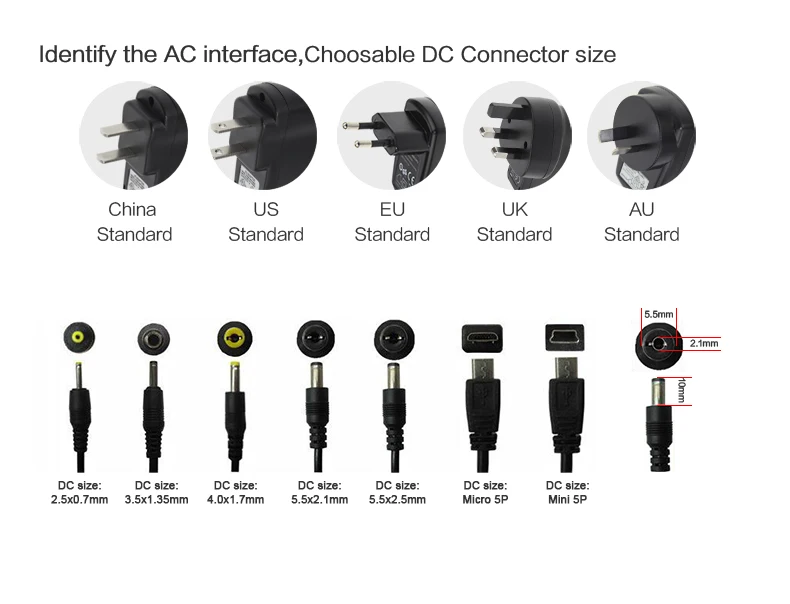 Крепёж стандарта ЕС США Японии 9V 12V 16V 24V 30V 800mA 1A 1.2A 2500mA 3000mA AC/DC адаптер питания
