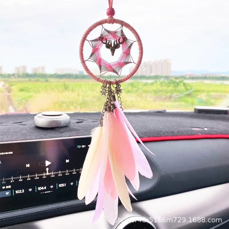 New Boho Small Dream Catcher Handmade Car Rear View Mirror Pendant With Feather Dreamcatchers with Crystal Room Hanging Decor