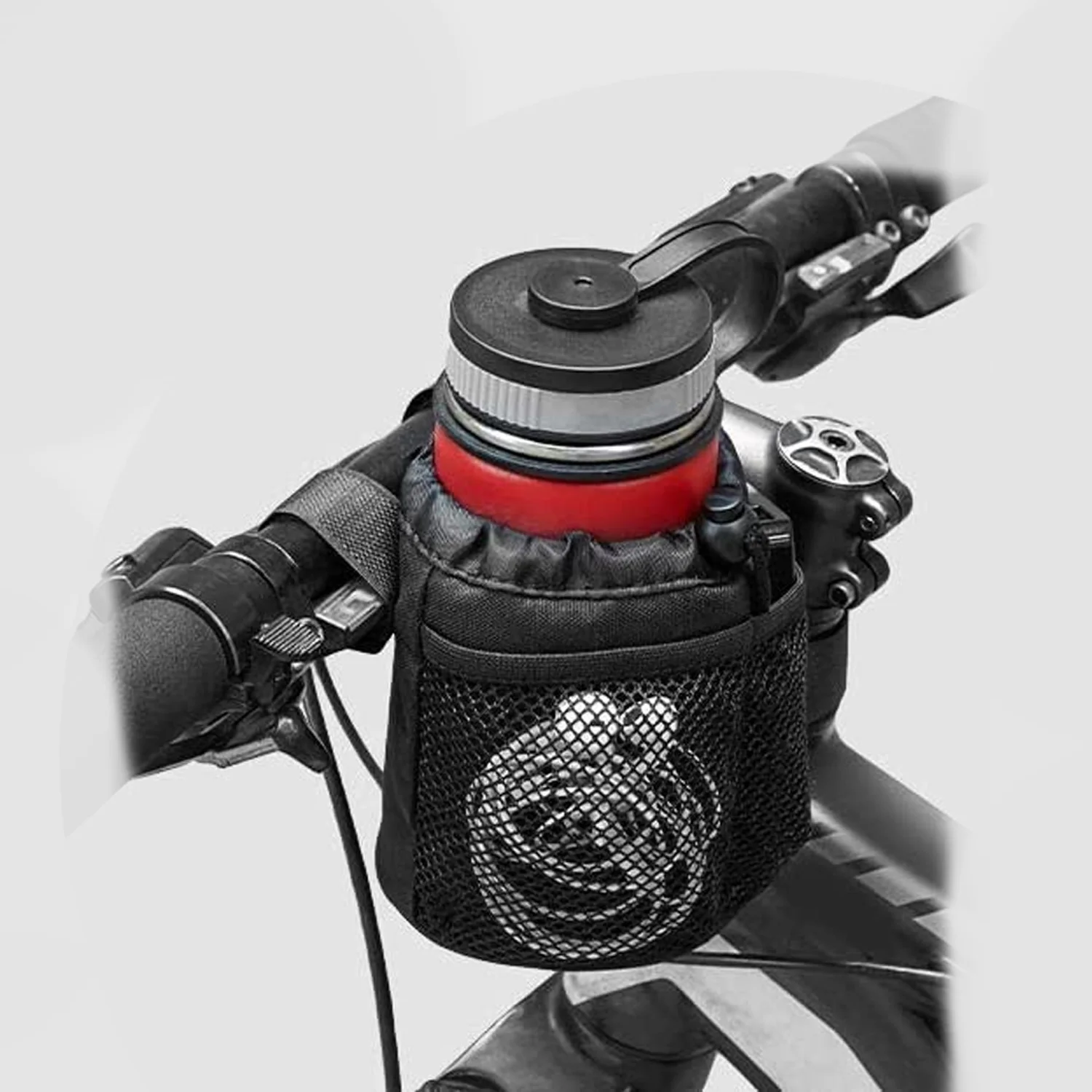 4-Straps Bike Bicycle Handlebar Cup Holder with Tighter Buckle Bicycle Water Bottle Holder Drink Holder with Mesh Pockets