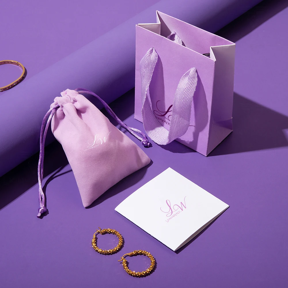 Lionwrapack Premium Jewelry Packaging Gradient Recycled Paper Bags Velvet Drawstring Pouches for Necklaces Bracelets & Rings