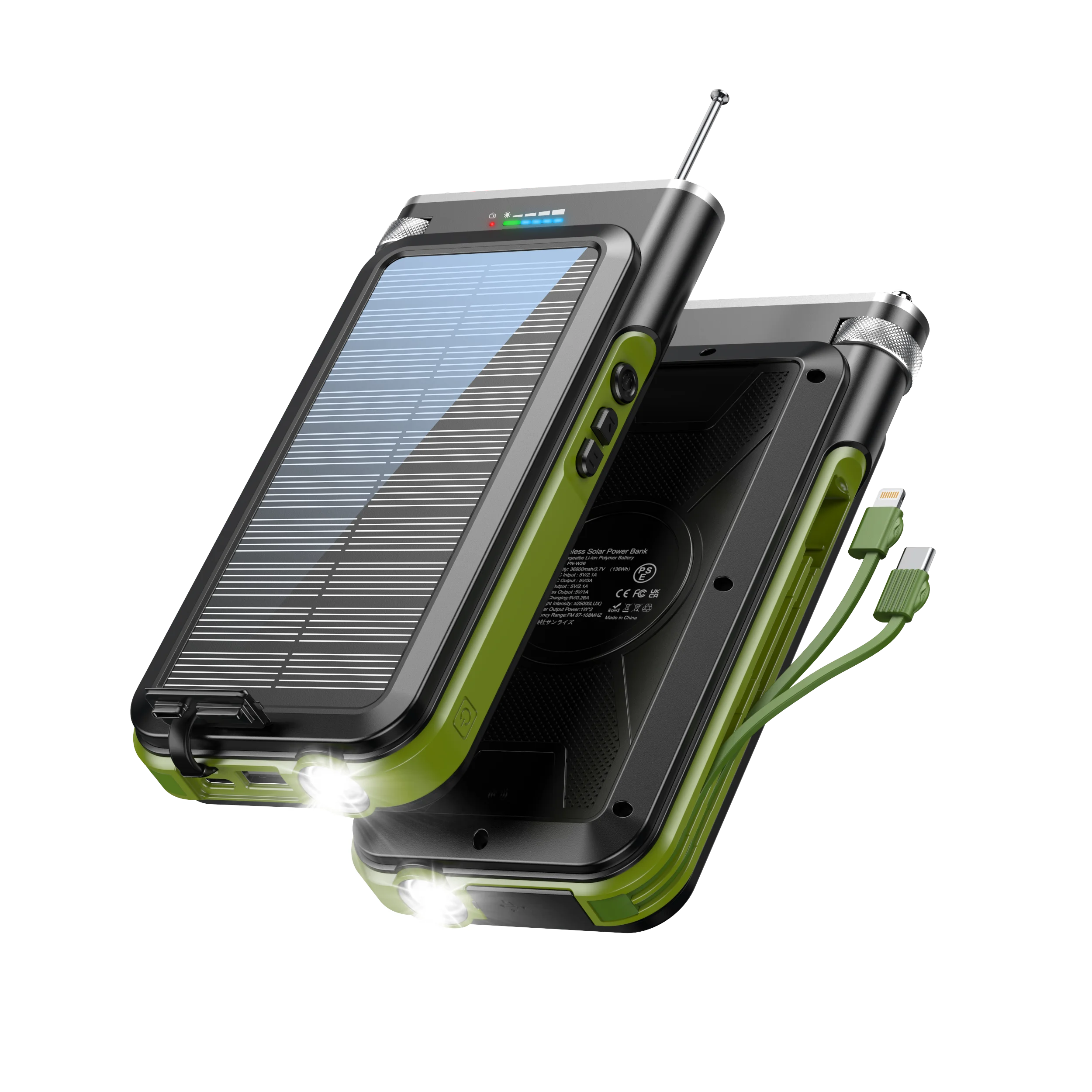 Online New trending 2023 arrivals Splash proof FM radio Wireless charger Mobile Phone Solar power bank with 2 cables