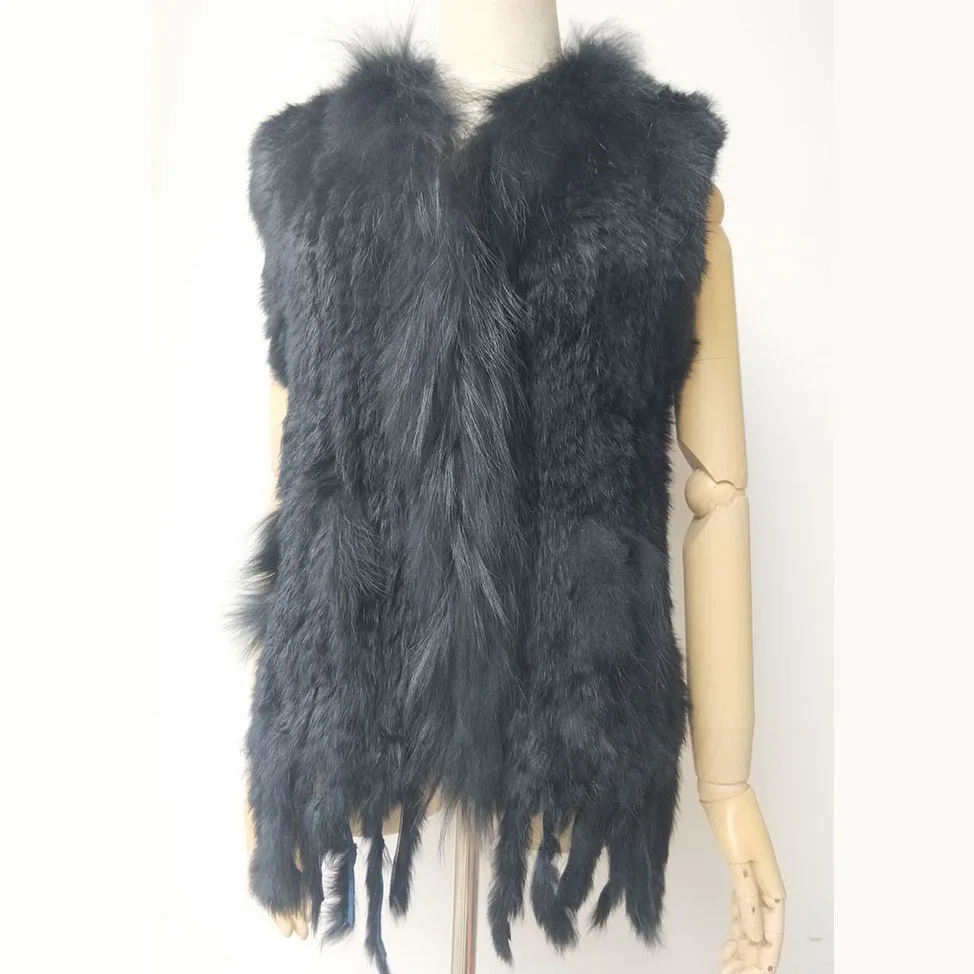 2024 Wholesale Knitted Real Rabbit Fur Vest With Real Raccoon Fur Trim  Women Gilet Autumn Ladies Genuine Fur Waistcoat