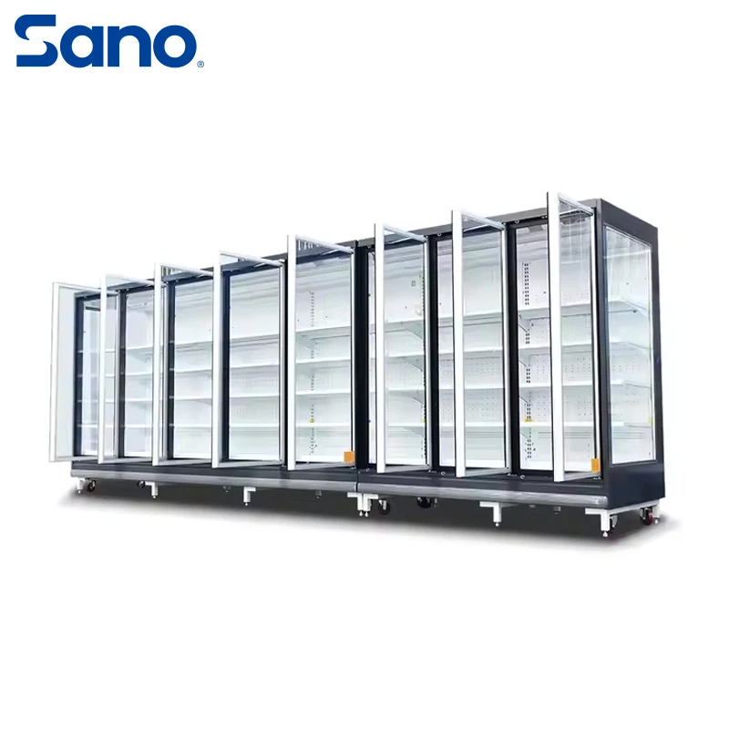 commercial upright vertical showcase slim cold drink organizer display refrigerator freezer with glass doors