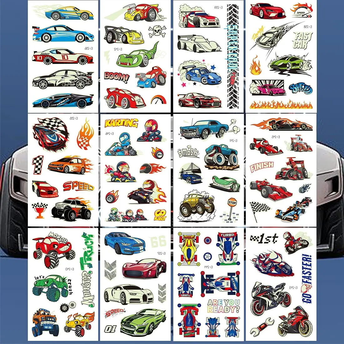 Luminous Race Car Temporary Tattoos for Boys Glow in The Dark RaceCar Tattoos