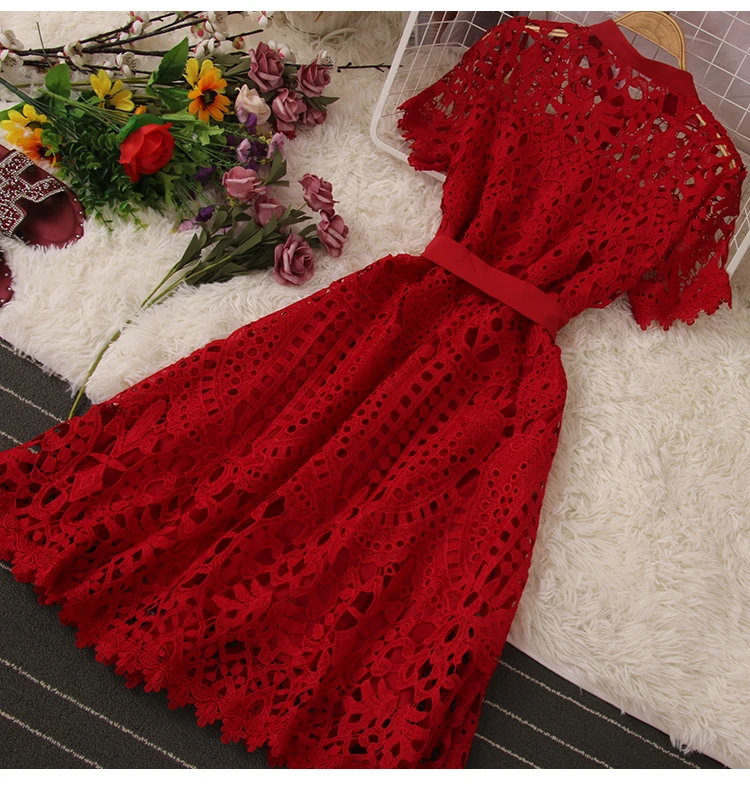 LY159  New Korean Chic Solid Color O Neck Hollow Out Midi Dress Women Sweet Dresses Clothing Wholesale 9
