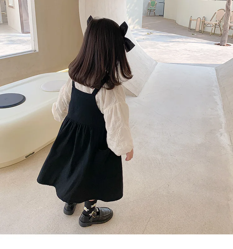 Hot selling fall long sleeve white blouse black sleeveless high quality girls casual dress