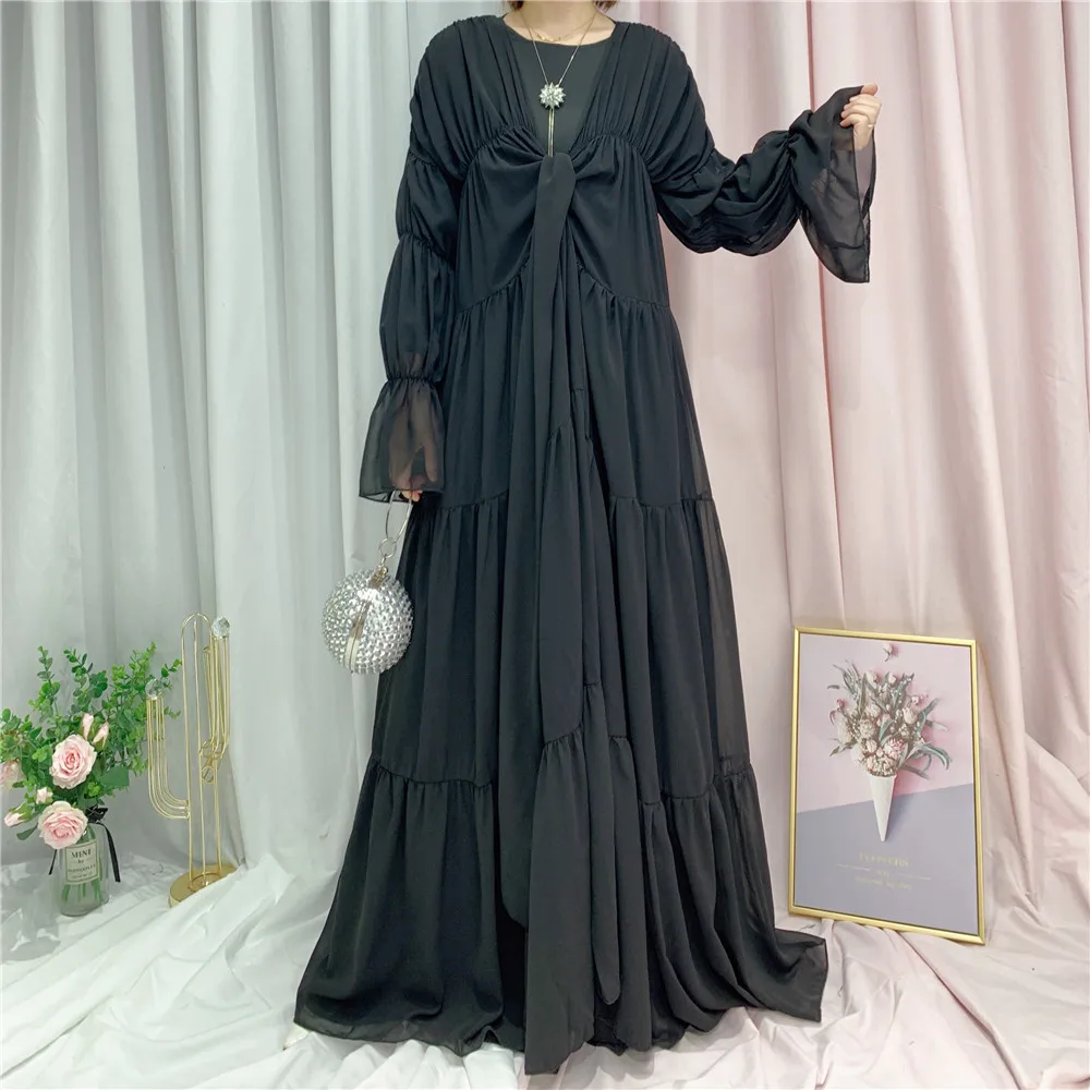 New Design Ruffle Hem Dubai Turkey Fashion Long Sleeve Light Pearl Chiffon Elegant Muslim Woman Open Abaya Kimono Dress
