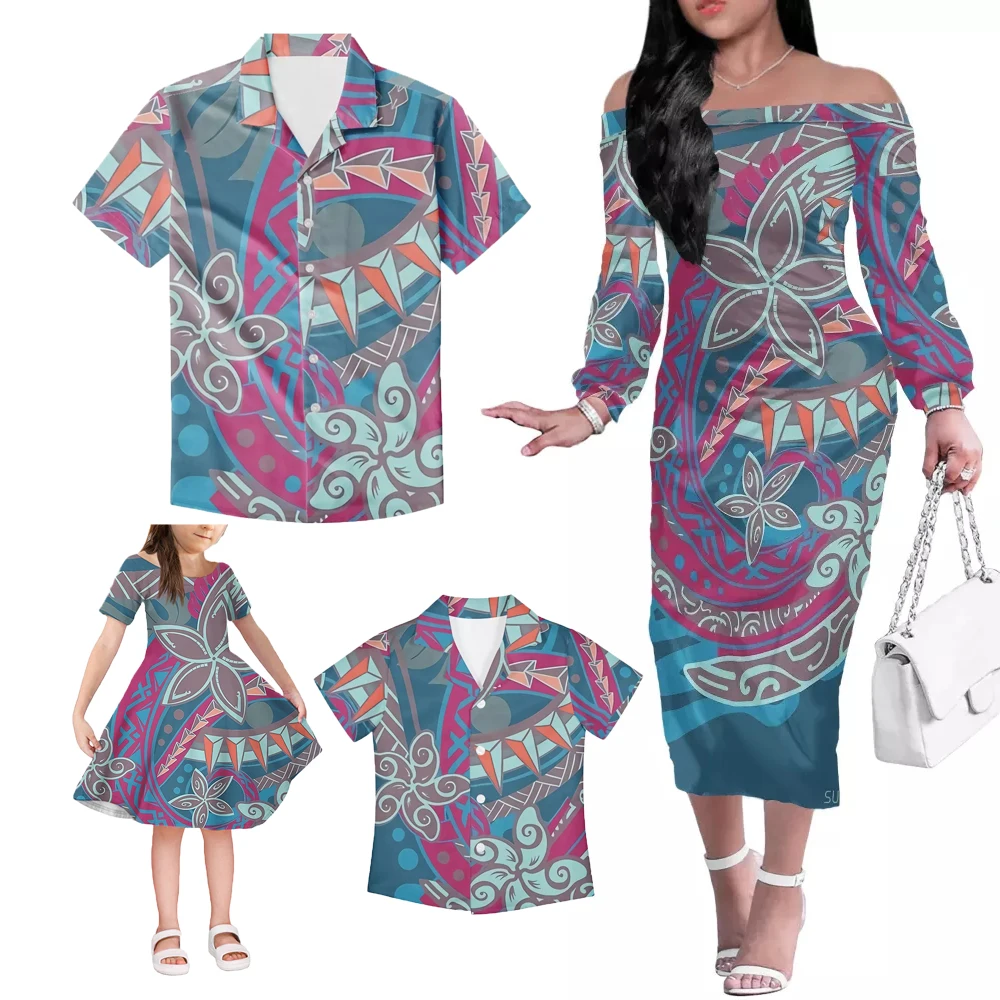 Red Polynesian Family Set 4pcs Set Unique Gifts For MOM Daddy Kids Polyester Off Shoulder Long Dress Little Girl Skrits Set
