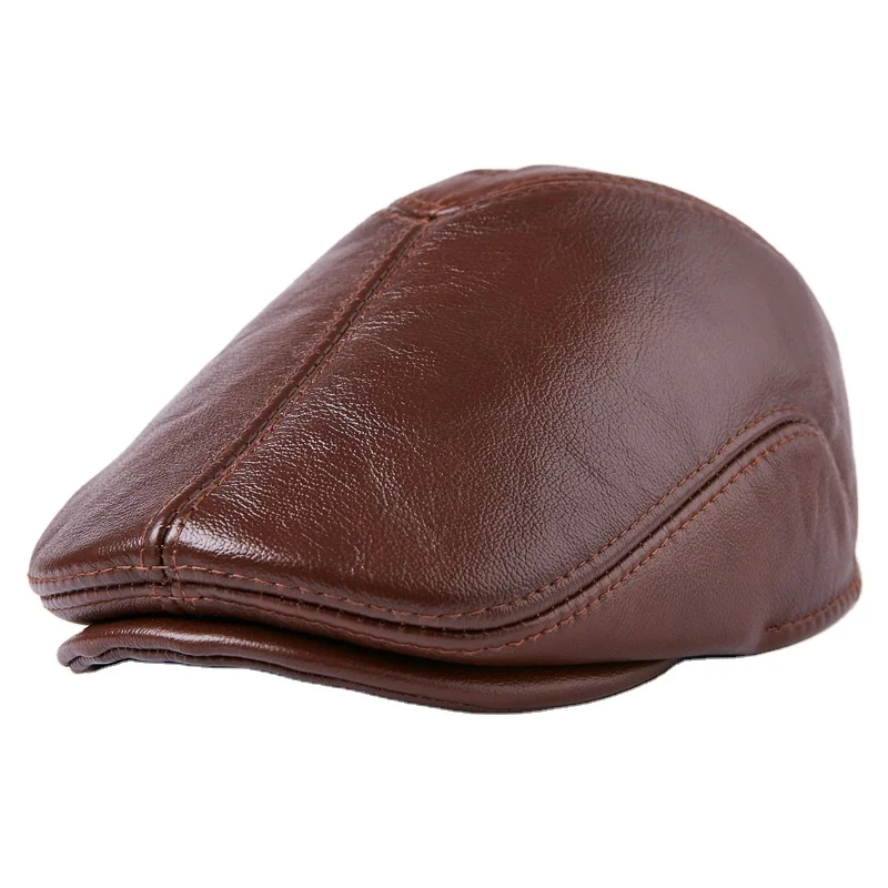 ready to ship winter warm thickness earflap beret men genuine leather hats Newsboy hat Driving Hunting Fishing Ivy Hat