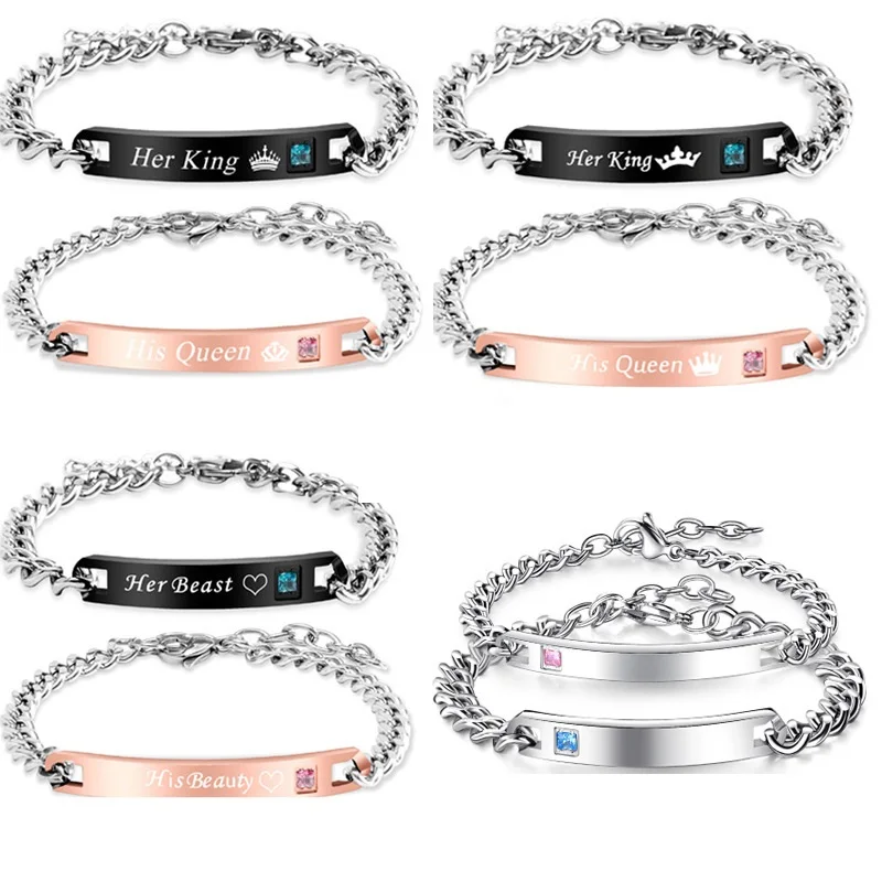 Her King His Queen His Beauty Her Beast letter Bar Couple Bracelets Crown Crystal Bangle Bracelet