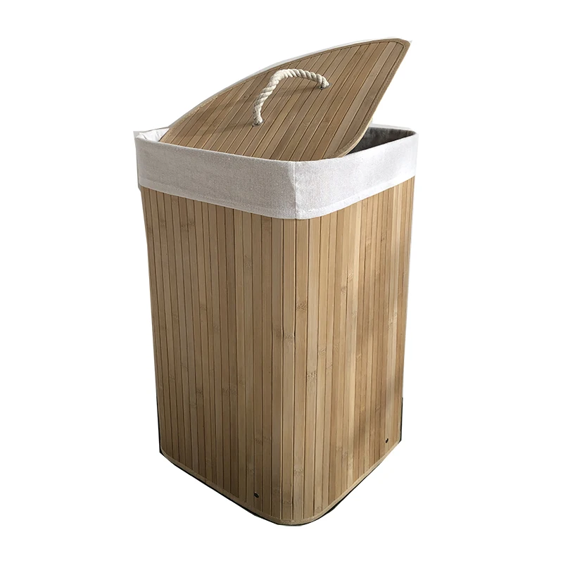 Collapsible Hamper Corner Bamboo Laundry Basket With Lid Moving Lining For Toys Dirty Clothes