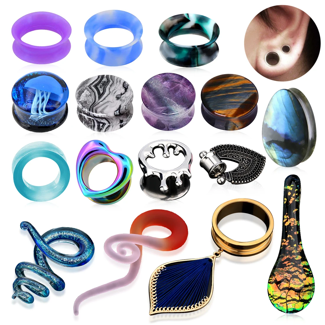 wholesale Stainless steel glass stone wooden ear tunnels crystal hangers plug piercing jewelry ear tunnels gauges
