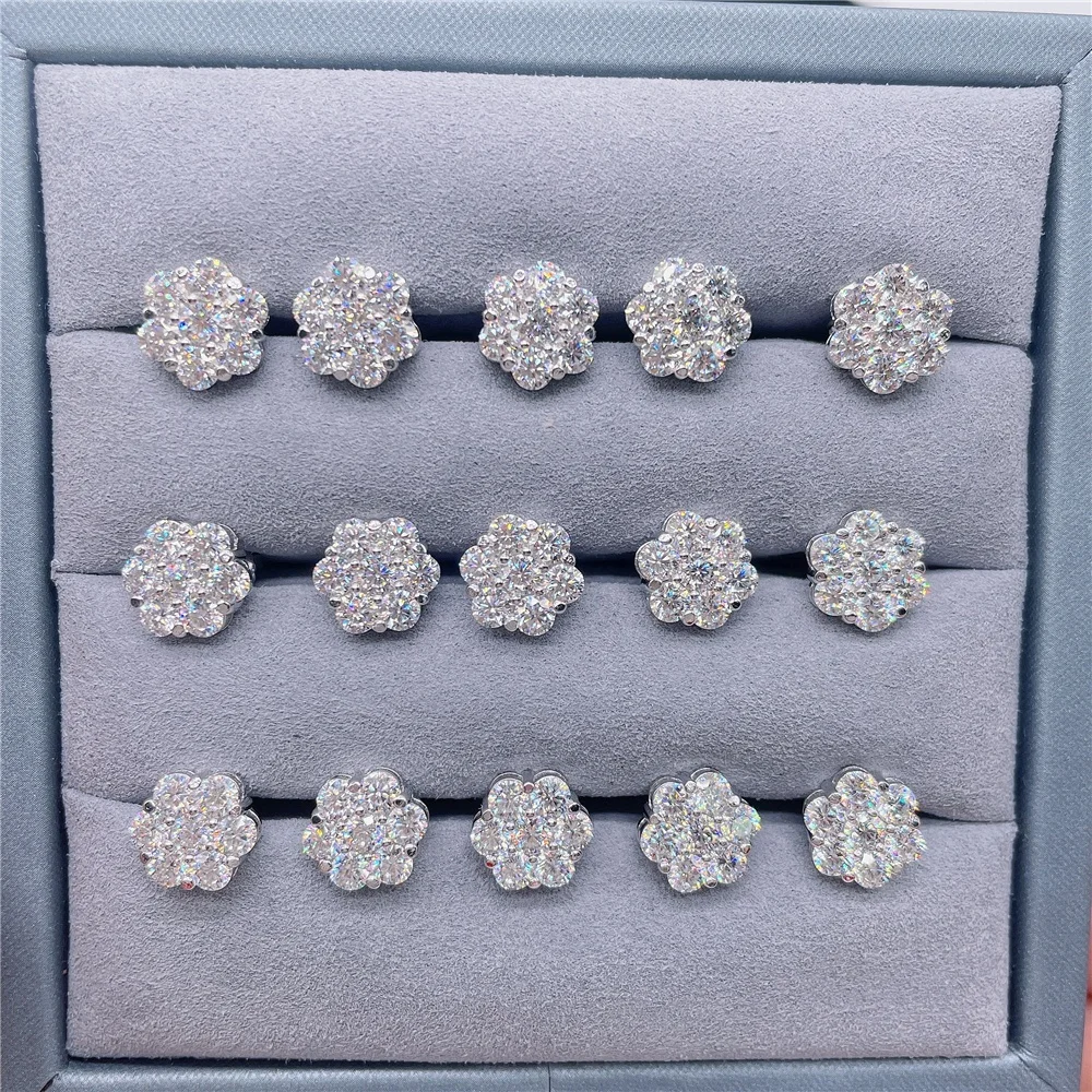 Zuanfa Popular Pass Diamond Tester Fine Jewelry 925 Silver 8mm 12mm 15mm Flower Earrings VVS Moissanite Stud Earrings