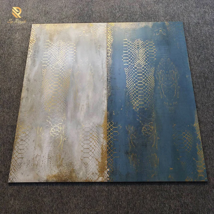 Springletile blue design matte floor tile shiny glod dragon texture sintered stone interior luxury hotel decorative wall tiles