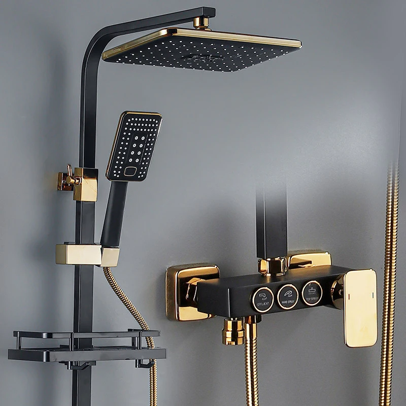 Black Gold Brass Modern Chrome Faucets Shower Column Set Smart Bath