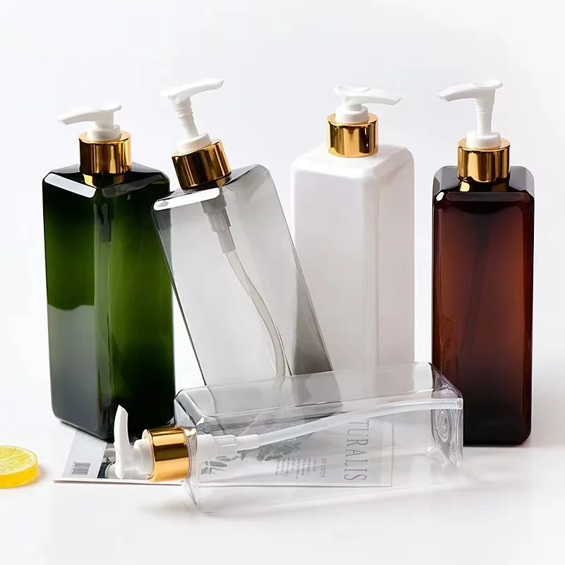 Wholesale Empty Cosmetic Pump Containers 500ml 300ml Square Shampoo Body Lotion PET Plastic Bottles with Black Lotion Pumps