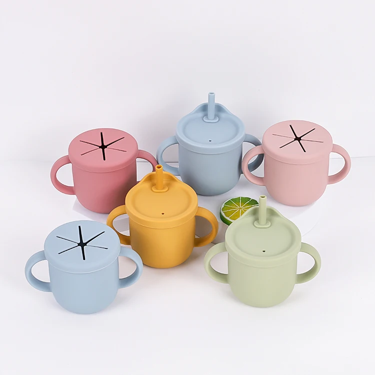 New Amazon Hot Kids Cups BPA Free Sippy Cup Silicone Baby Sippy Straw Drinking Cup Restaurant Dinnerware Sets Pink