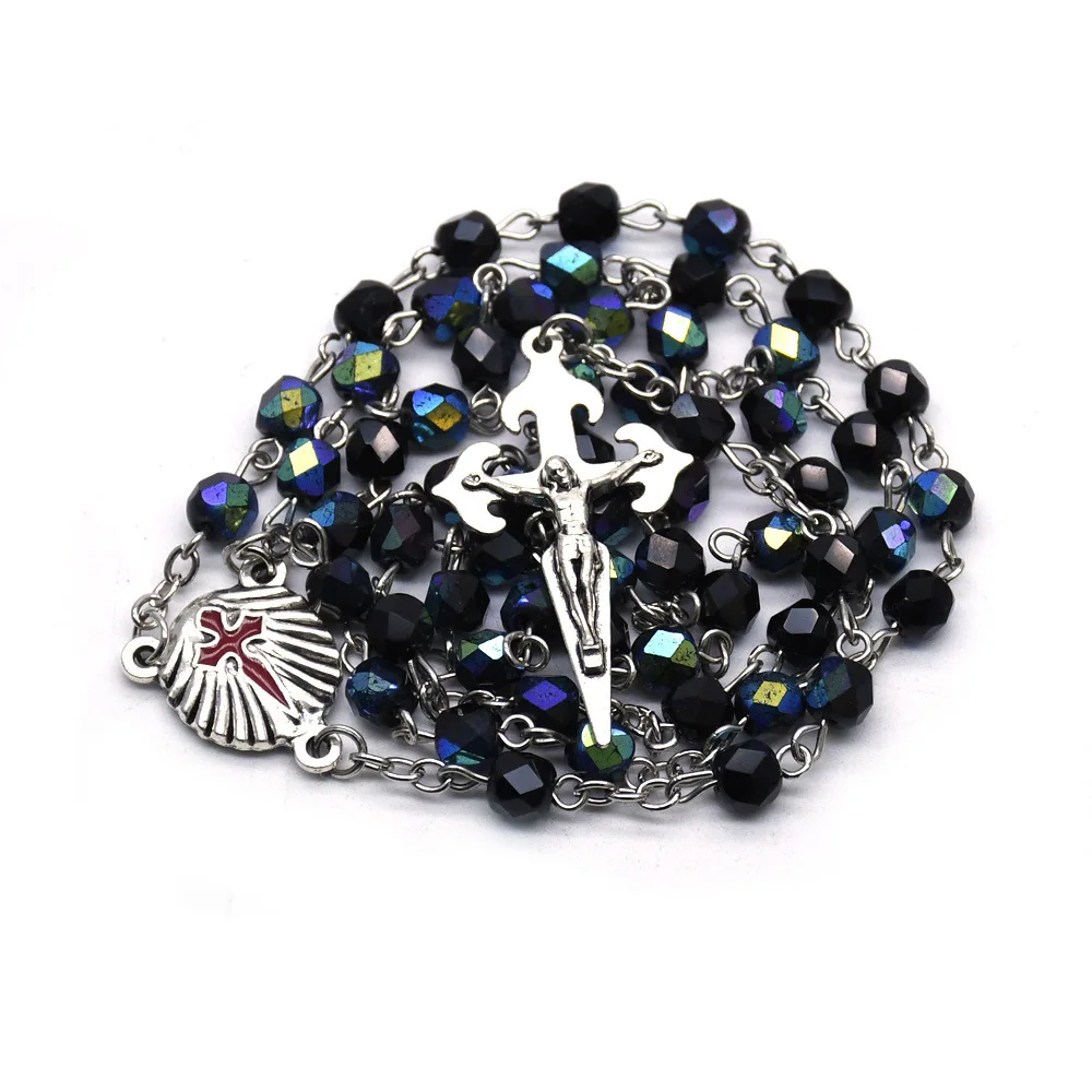 Aquamarine Rosary Necklace San Diego Santiago Shell Red Cross Rosary Prayer Beads Jewelry Colorful Crystal 6mm Necklaces