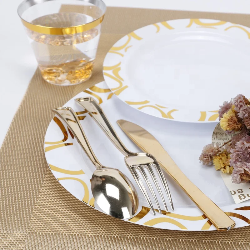 Heavy Duty Bulk Wholesale Elegant Golden Disposable Silverware Fork Spoon Knife Gold Plastic Cutlery