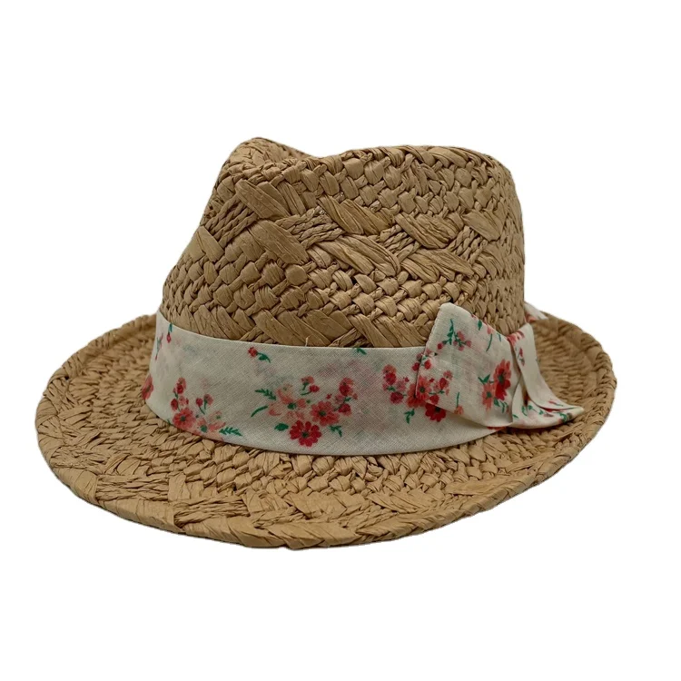 Wholesale Panama Jazz Hat Summer Raffia Straw Boater Hat Women Straw Hat Flat Top with Bowknot Paper Children Female Applique
