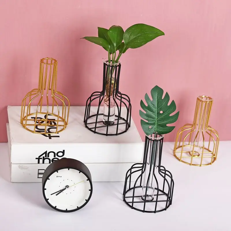
Ins Modern Vase Striped Glass Metal mini Vase Hot Selling Rose Gold terrarium flower Vases Decoration for huose 