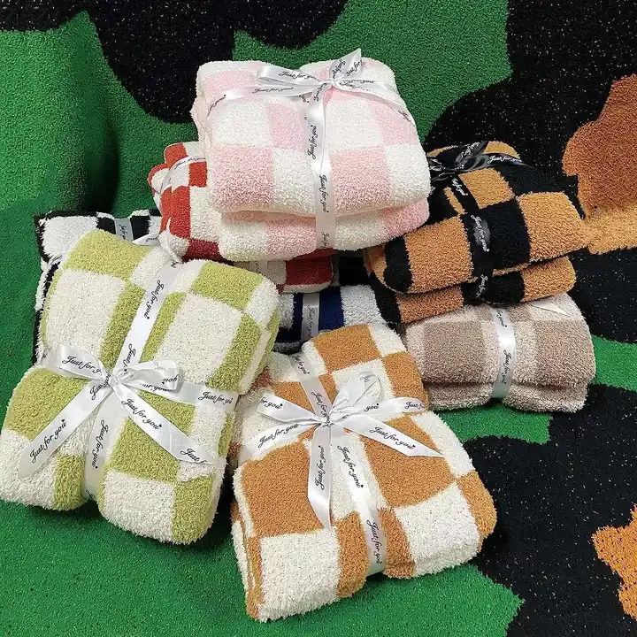 Customized design reversible knitted crochet throw blanket fleece checkerboard blanket for winter