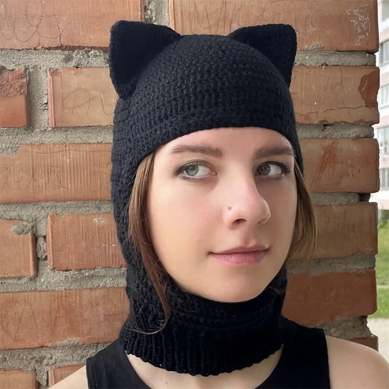 New handmade crocheted street style cat ears headgear models neck protection universal adult cap