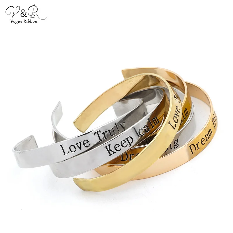 V&R OEM Rhodium Personalized Alphabet Letter Engraved Open Man Gold Plated Cuff Bangle Bracelet For Women