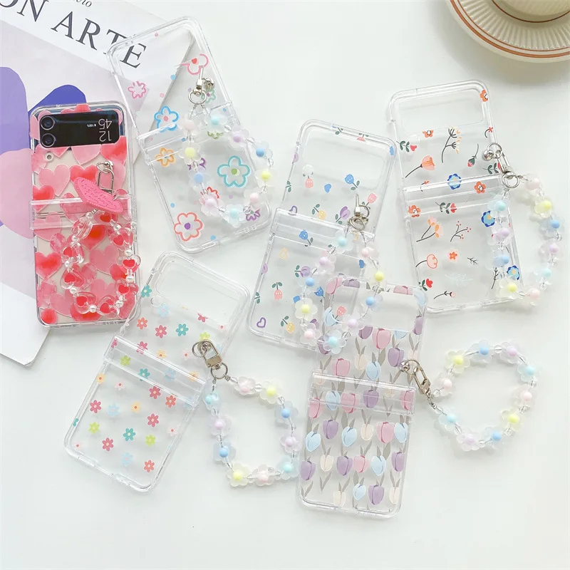 Love Flower  for Samsung Galaxy ZFlip3/4 Folding Screen Phone Case Transparent Creative P C Hard Case Chain
