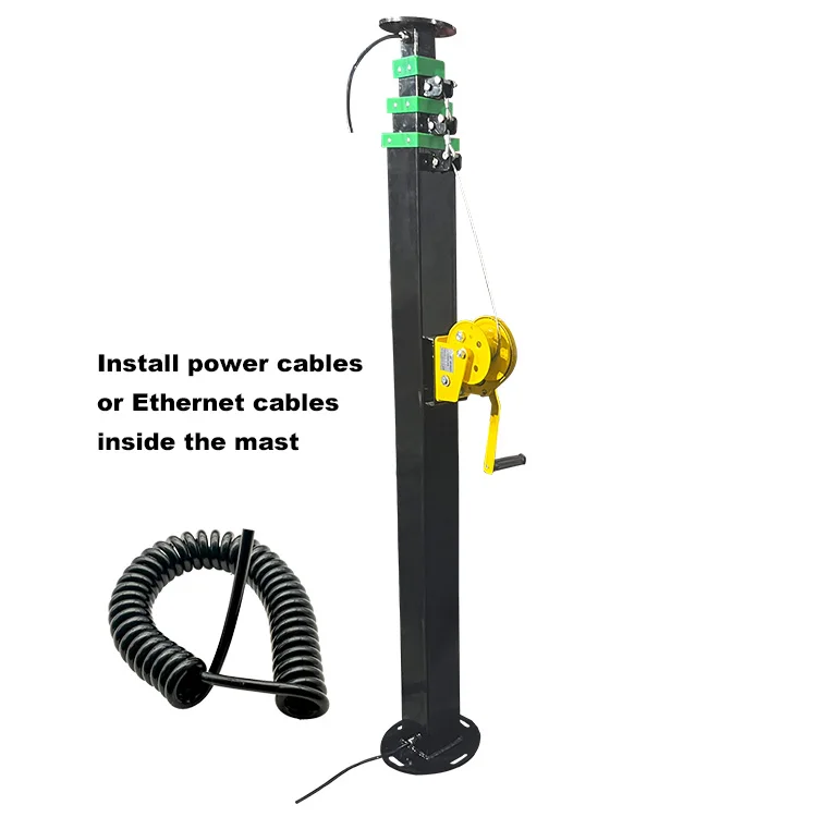 The load at the top of the pole is 70kg which is used for lighting monitoring of the hand cranked telescopic mast