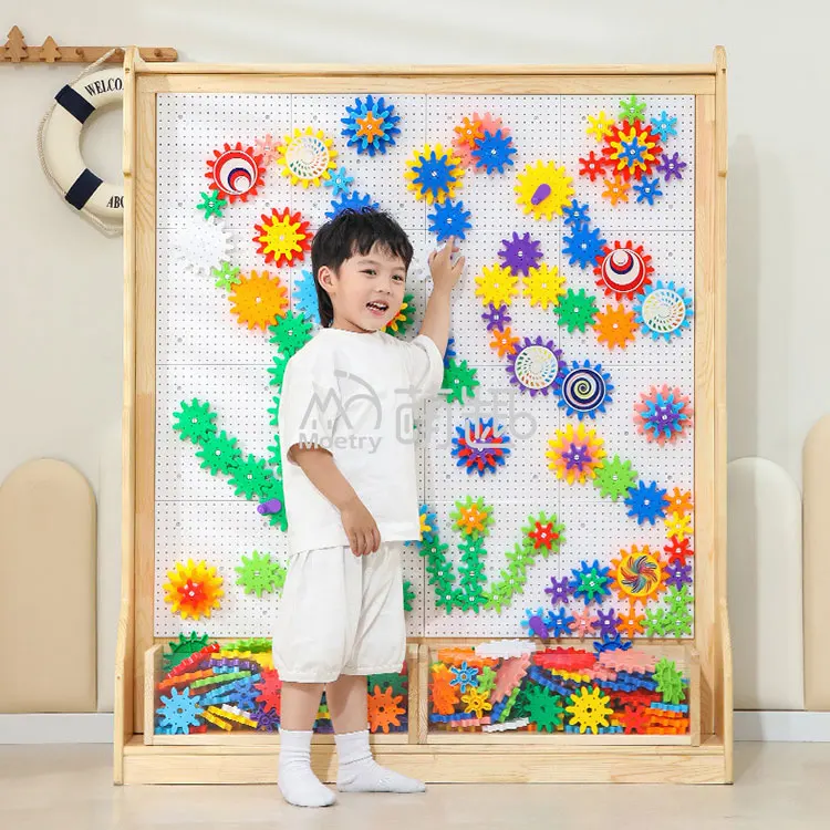 Moetry Free Standing Double Sided Wooden STEM Wall Building Block Gear Play Kids Construction Toy