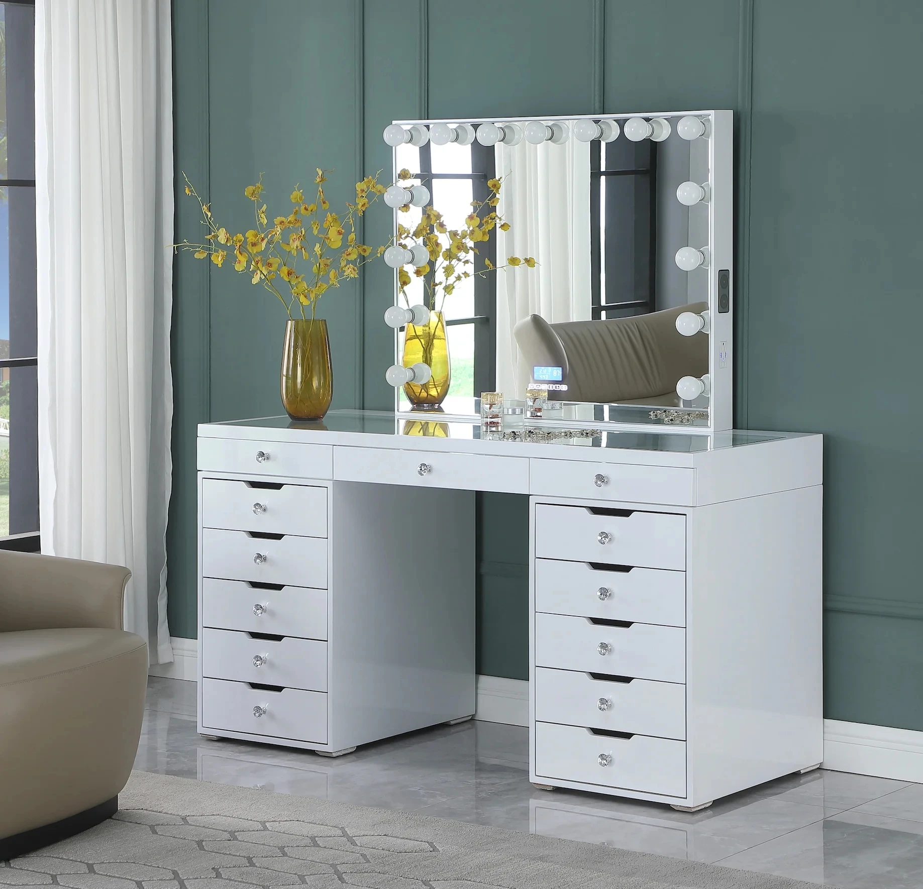 Bed Room Hollywood Mirror Modern Glam White Painting Dresser Vanity Dressing Table