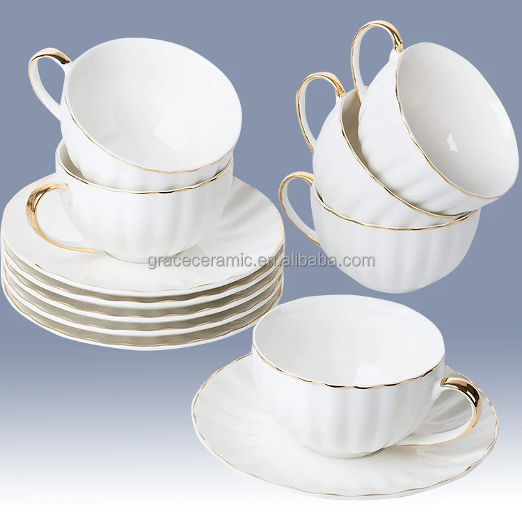 Bulk Personalized Ceramic Large Tea Cup And Saucer Set Fine Porcelain Gold Rimmed Modern Tea Cup Set