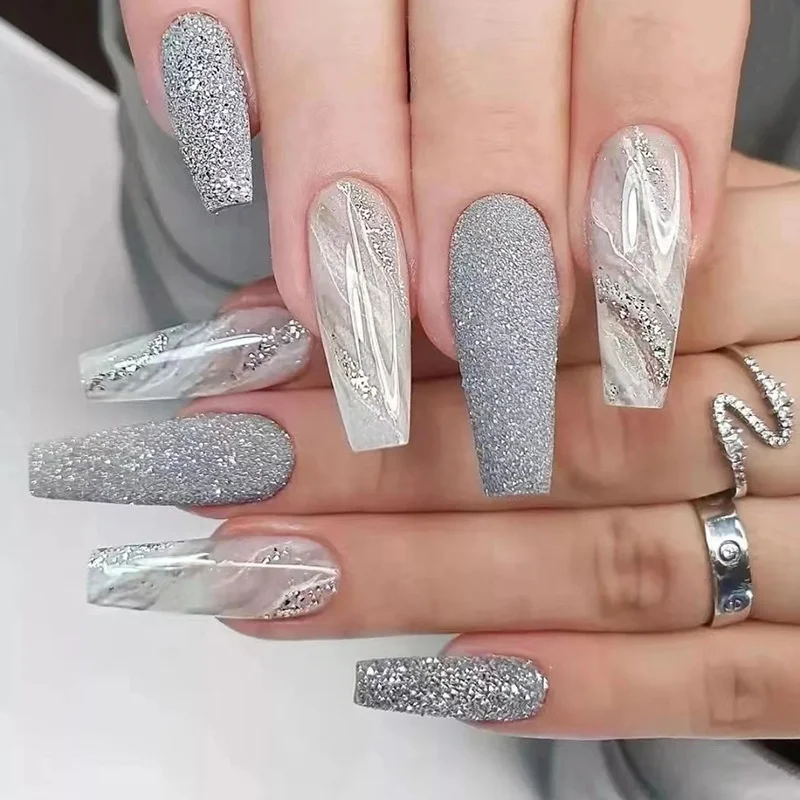 2023 New Fashion Long Ballet Nails Gray White Marble Pattern Glitter Designed Press on Nail Artifical Nails 24pieces/box
