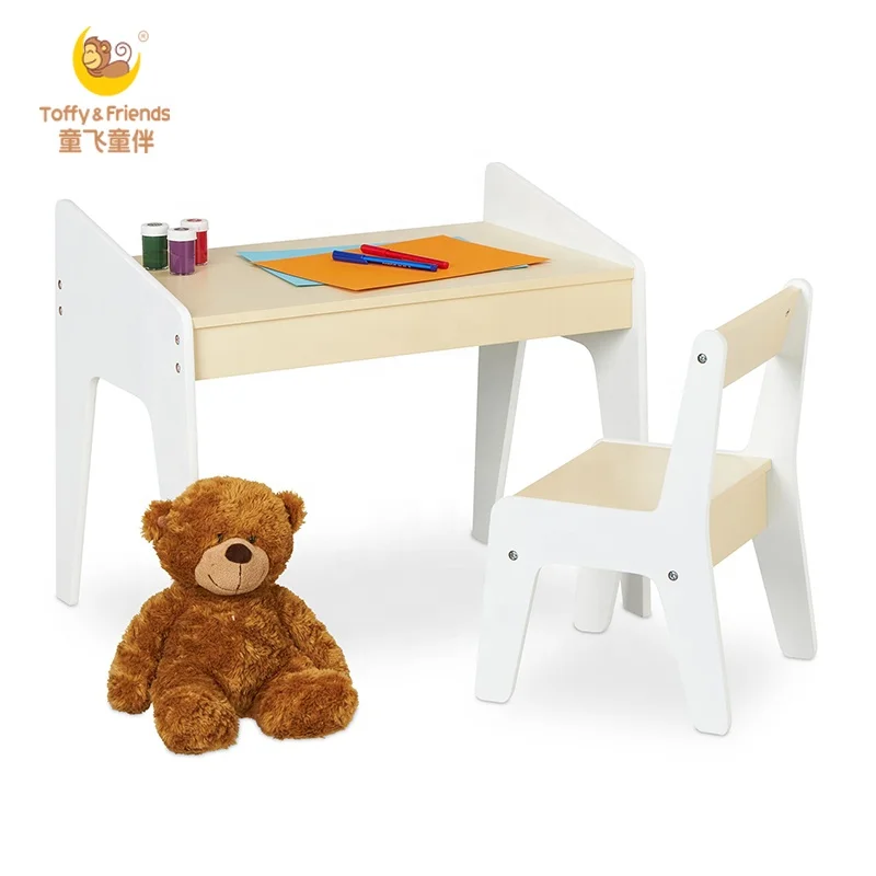 Toffy & Friends Natural color wooden kids study desk table and chair set