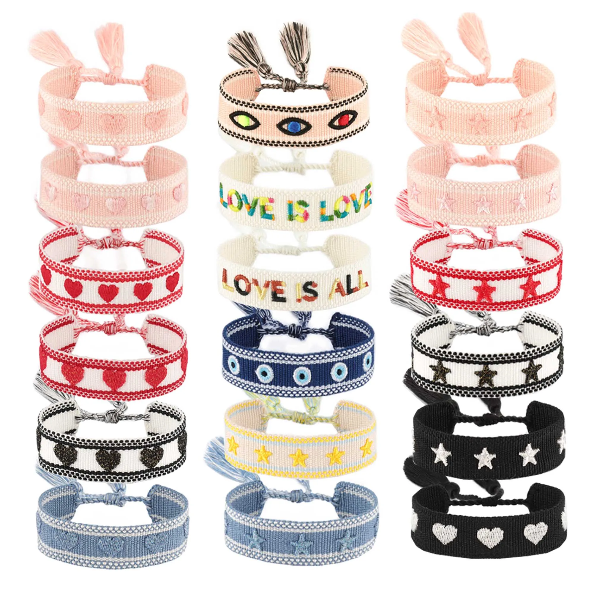 50pcs Heart LOVE Star Evil Eyes Embroidered Bracelet Wholesale Handmade Jewelry Wedding Gift Bracelet Party Tassel Wristband