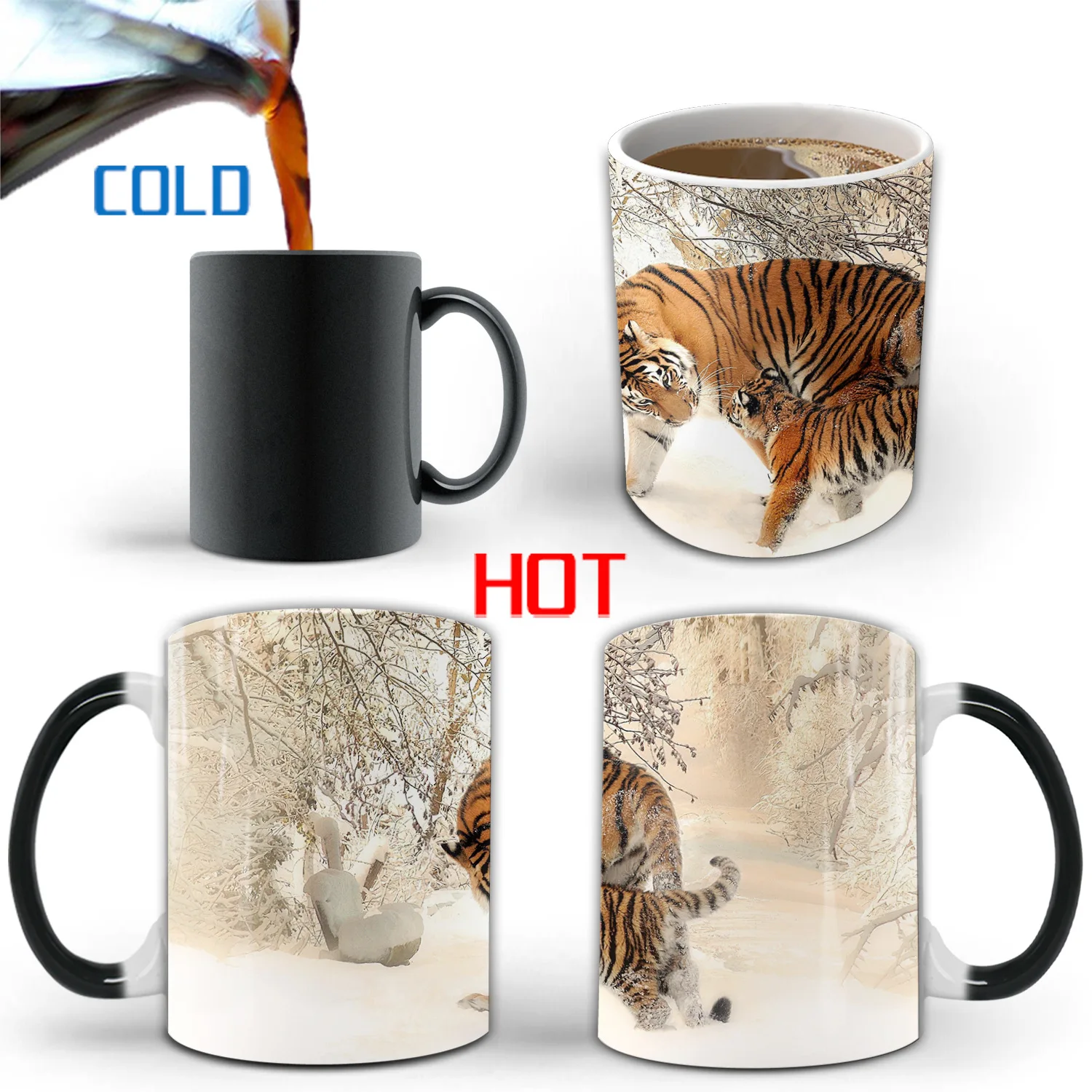Sublimation Wholesale custom ceramic stoneware 3D tiger lion leopard animal personalized cup color changing ceramic coffee mug