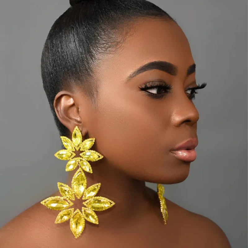 Fashion 2024 Exaggerated Oversized Flower Drop Earrings Jewelry For Women Luxury Crystal Geometric Big Large Dangle Earrings