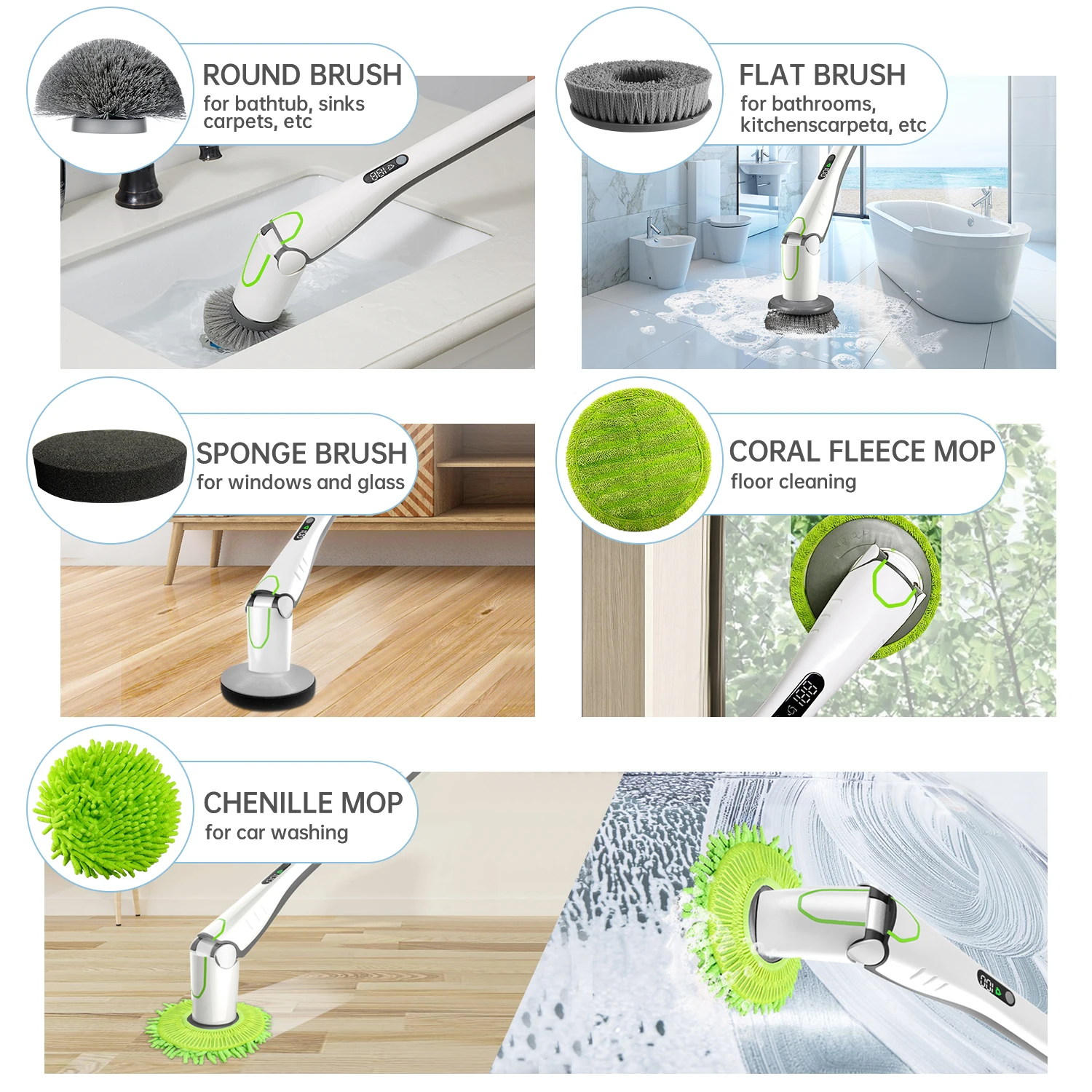 2021 upgraded spin scrubber electric rotary mop bathroom scrubbers QXJ100 with 6 multi-purpose brush heads  pass KC,CE,FCC