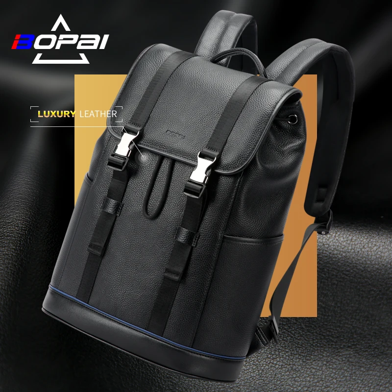 BOPAI customizable logo men youth leather 15.6 inch laptop large capacity travel portable rucksack hiking casual sports backpack