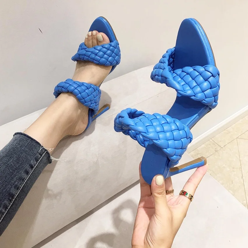 Latest Design INS Popular Style Stiletto High Heel Slip On Sandals Women Straw Braid Two Band High-heeled Pumps Shoes for Ladies