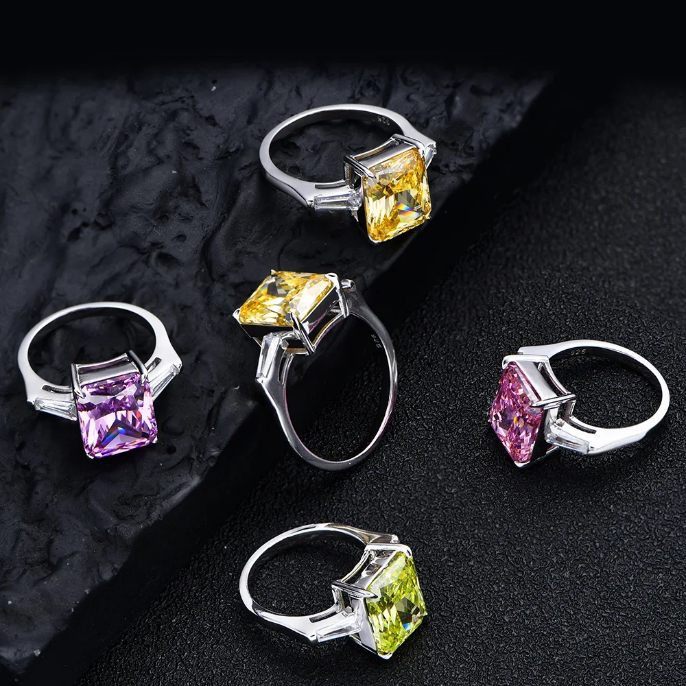 Trendy 925 Sterling Silver Wedding Rings Radiant Cut Diamond 10mm*12mm Royal Blue Emerald 5A Cubic Zirconia Fine Jewelry Rings