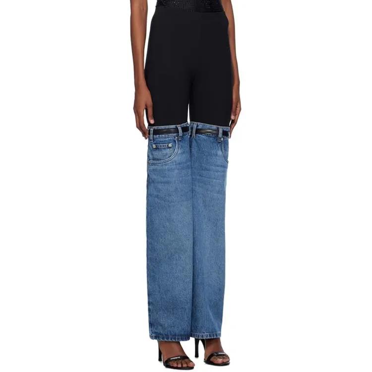 Black & Blue Hybrid Flare Jeans high quality  cotton casual loose Flared nylon jersey and non-stretch denim jeans for women