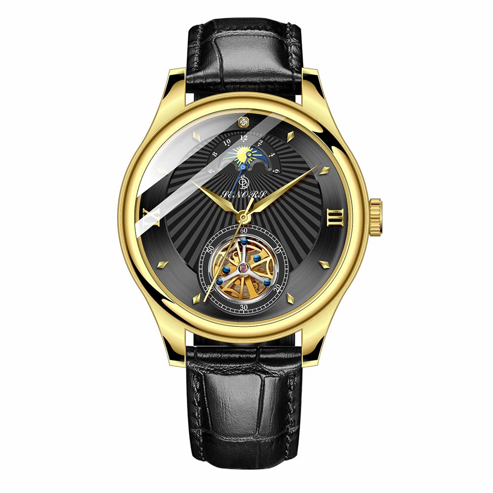 Double Color Leather Water Resistant Tourbillion Automatic Mechanical Watches for Wristwatch man
