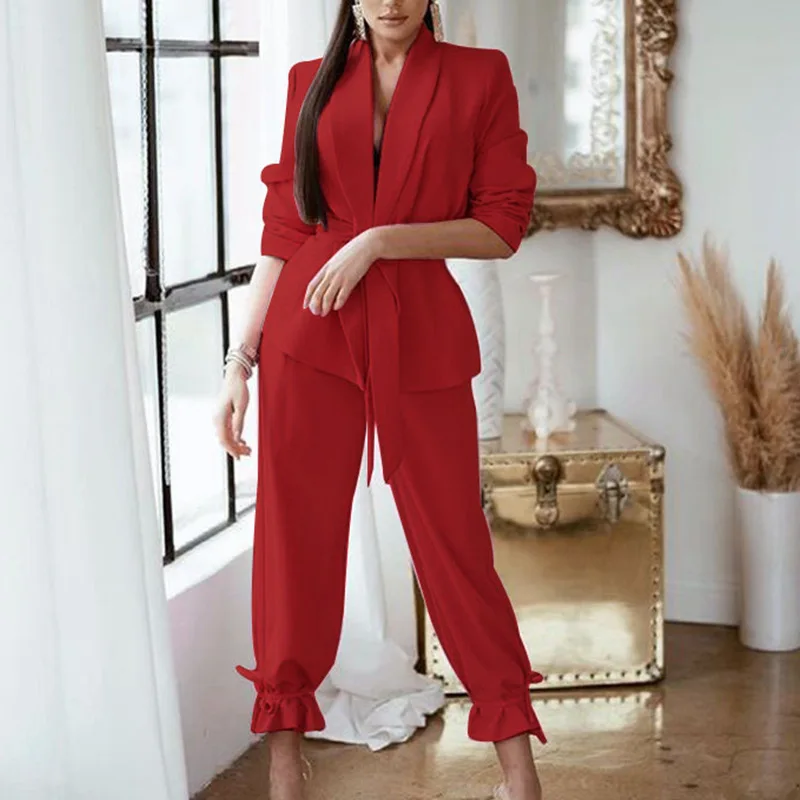 Casual Two-piece Suit clothes Jacket Lady Lapels Two Piece Suit Office Outfit Blazer Coat And Pants Long Sleeve Blazer Set