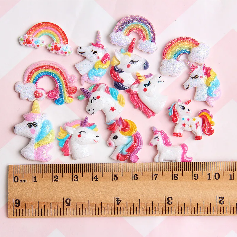 
Free Shipping Glitter Unicorn Rainbow Flat Back Resin Cabochons Ornament Cell Phone Decoration Scrapbooking Resin Embellishments 
