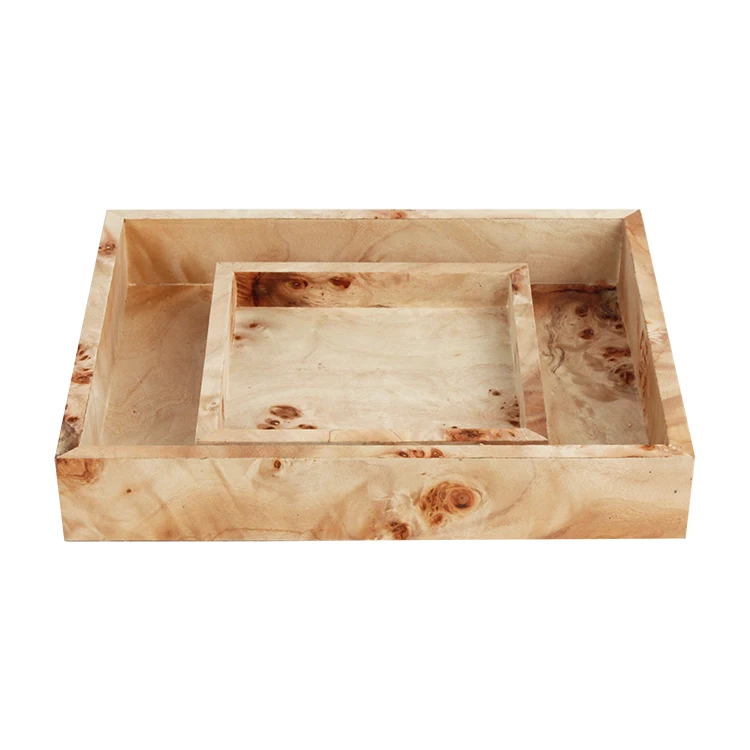 Decorative burlwood veneer covered trinket display tray large and small sizes remote controls ,keys , other things storage tray